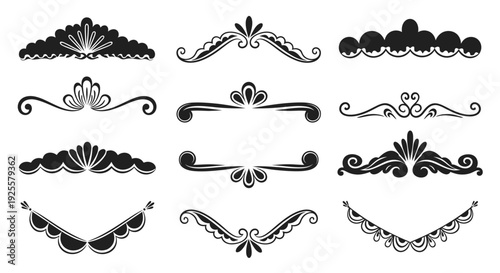 A collection of nine ornate black floral swirls and decorative flourishes on transparent background silhouette high quality professional detailed