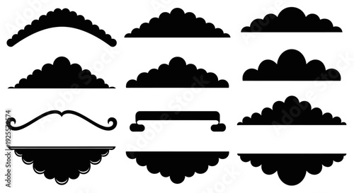 A collection of various black cloud and decorative element silhouettes ideal for design projects on transparent background high quality