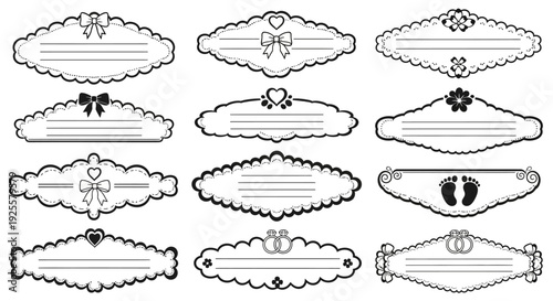 A collection of ornate decorative frames with floral and baby themed details on transparent background silhouette high quality professional detailed