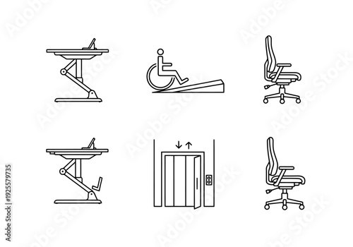 Collection of icons representing workspace accessibility features including adjustable desks a person in a wheelchair using a ramp and an office