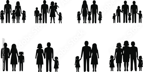 Black family silhouette collection, parents and children standing together, isolated vector illustration, happy family concept, parenting and unity symbol