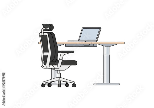 Modern Ergonomic Office Chair And Adjustable Height Desk With Open Laptop For Remote Work Or Home Office Setup