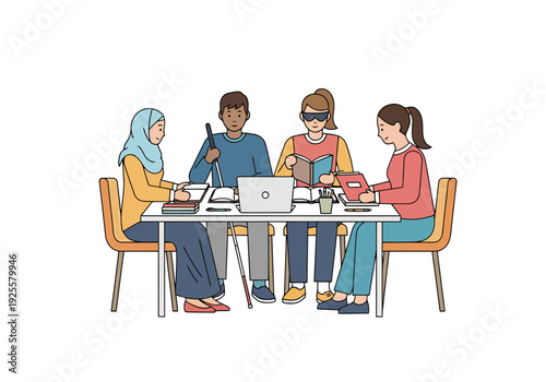 Diverse group of people collaborating at a table with technology and learning materials promoting inclusion and teamwork in an educational or