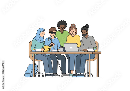 Diverse Group of Students Collaborate on Laptop Studying Together at Desk Diverse Backgrounds Learning Education Unity Friendship