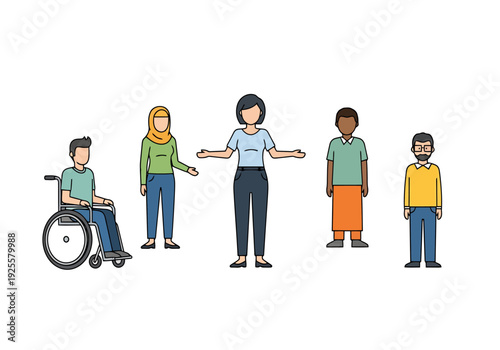 Diverse group of people representing different ethnicities ages and abilities standing together in unity and acceptance within a community setting