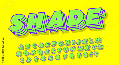 Shade Retro 3D Font - Green Letters with Purple Layered Shadow Alphabet on Yellow