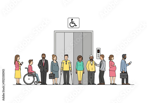 Diverse Group Of People With Disabilities And Different Backgrounds Wait Patiently For Elevator Access Showing Inclusivity And Equal Opportunity