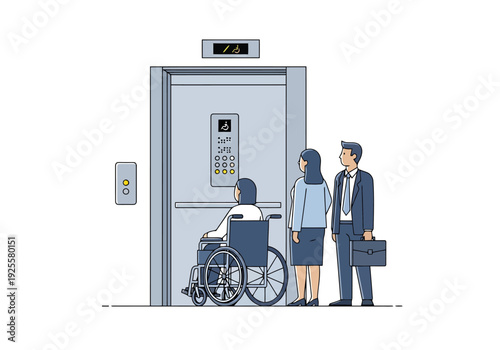 Accessible building access with an elevator for a person using a wheelchair and colleagues waiting for transport inside modern interior spaces