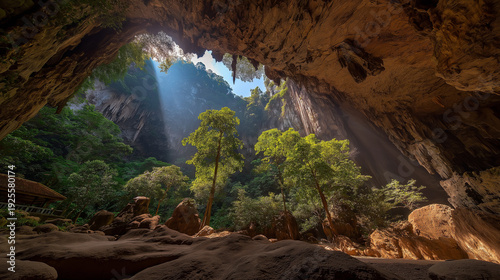 AI generator images of a cave ceiling with shafts allowing sunlight to shine down in beautiful beams.