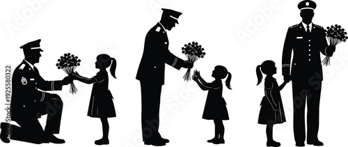 Soldier and Child Silhouette Set, Military Father Giving Flowers to Daughter Vector, Army Homecoming Graphics, Veteran Family Bond Icons, Patriotism