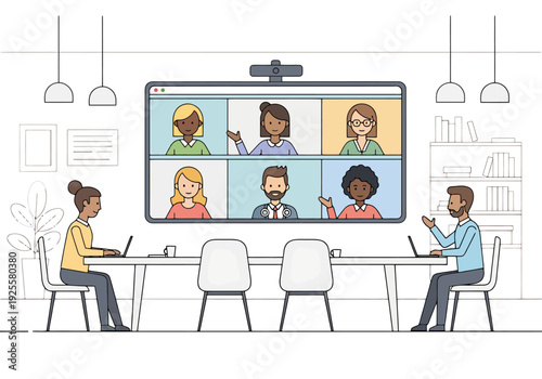 Diverse group of professionals participate in a virtual meeting connecting from different locations in a modern conference room setting promoting