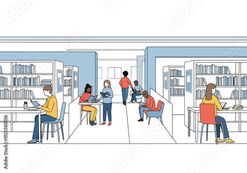 Diverse students engage in focused learning and collaboration within a modern library setting featuring bookshelves and study areas