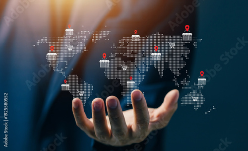 Global e-commerce business expansion with online store icons across world map, representing international retail growth, digital marketplace, and cross border trade strategy.