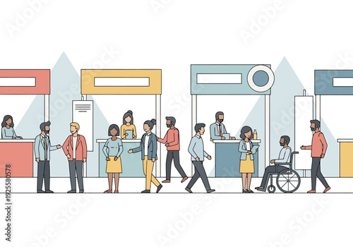 Diverse people interacting at an indoor marketplace with multiple vendor booths and displays offering goods and services