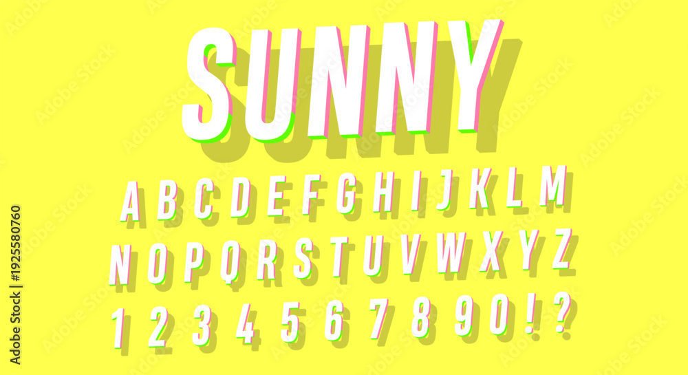 Obraz premium Sunny 3D Font - White Letters with Colorful Shadow Alphabet on Yellow