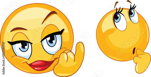 Cartoon emoji faces, expressive yellow emoticons, flirty emoji gesture, thoughtful emoji pose, playful cartoon expressions, digital smiley illustration art