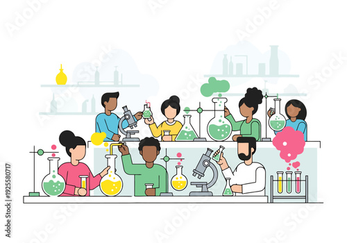 Diverse group of young people conducting chemistry experiments with equipment in laboratory setting learning science together