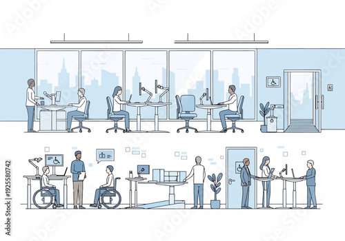 Diverse professionals collaborate and work productively in an inclusive modern office environment featuring accessibility features