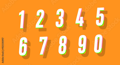 Retro 3D Numbers - White Digits with Colorful Shadow Set on Orange Background