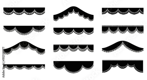 A collection of nine ornate black lace border designs displayed in various shapes on transparent background silhouette high quality