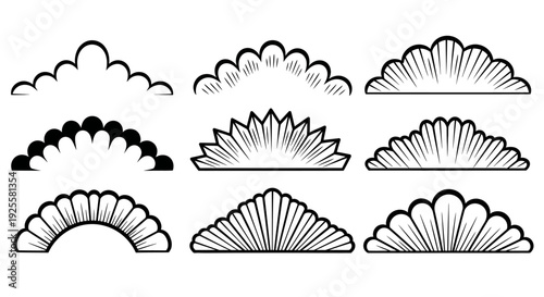 A collection of eight decorative arch designs in black presented as a versatile graphic element on transparent background silhouette