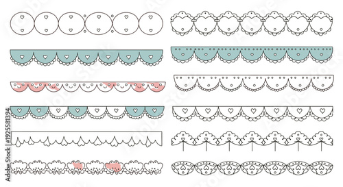 A collection of decorative floral and scalloped border designs presented in varying colors on transparent background silhouette high quality