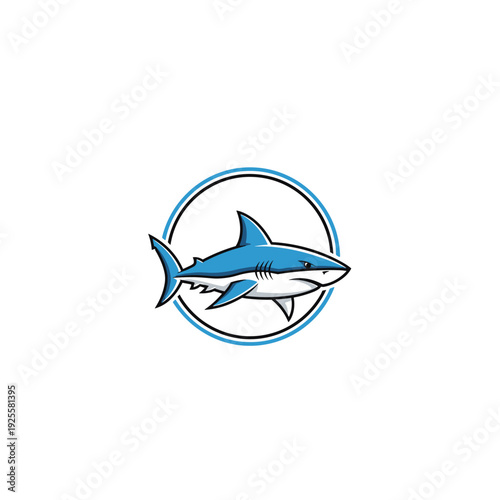 Blue and white shark illustration in a black and blue circular frame