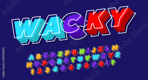 Wacky 3D Font - Colorful Cartoon Alphabet with White Outline on Navy