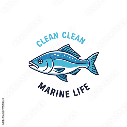 Blue fish illustration with Clean Clean Marine Life text for ocean conservation