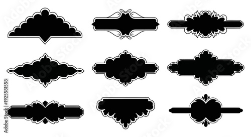 A collection of nine ornate black frames and labels varying in shape and detail on transparent background silhouette
