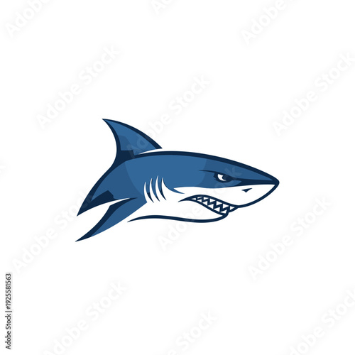 Blue shark fin emerging from ocean water surface on white background