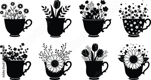 Floral Teacup Silhouette Set, Flower Bouquet Vector Icons, Spring Garden Tea Graphics, Botanical Cup Elements, Sunflower Tulip Daisy Design