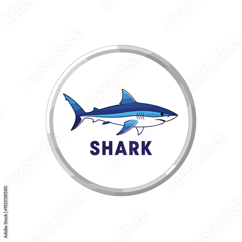 Blue shark illustration in a round silver frame with text label on a white background