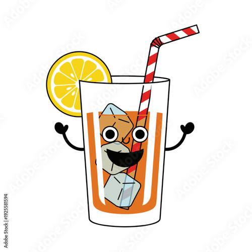 Cartoon iced tea drink with lemon and straw featuring a smile  