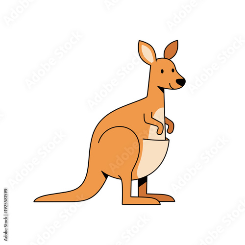 Cartoon kangaroo standing with paws in pouch on white background  