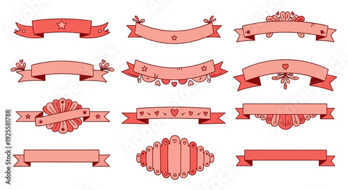 A collection of ornate decorative pink ribbon banners with floral details on transparent background silhouette high quality professional detailed