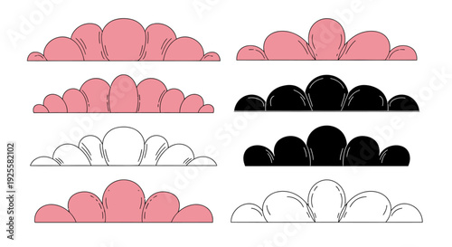 A collection of fluffy cloud shapes in pink black and white ideal for design projects on transparent background silhouette
