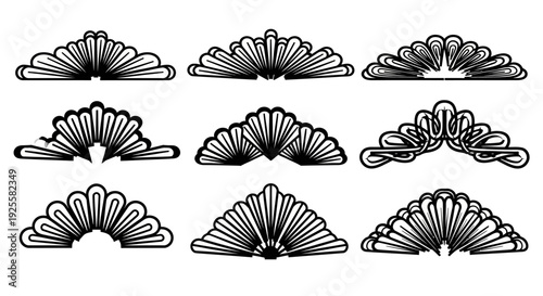 A collection of nine art deco style ornamental fans displayed in a grid layout on transparent background silhouette