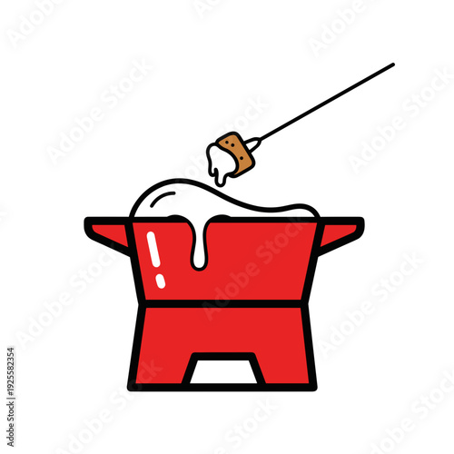 Red fondue pot with melting cheese and bread piece on skewer  