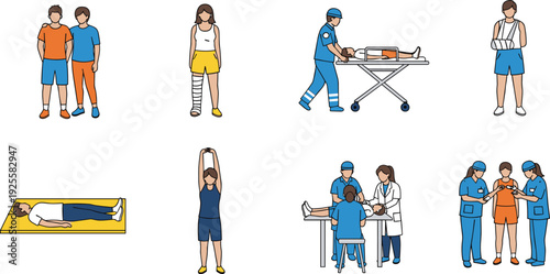 Medical injury and rehabilitation illustration set showing patients doctors emergency care treatment recovery hospital activities vector isolated on white background