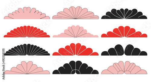 A collection of decorative fan shapes in pink red and black ideal for design projects on transparent background silhouette