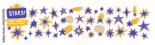 Crayon hand drawn doodle stars. Sketch icons of cute magic sparks, glint and shooting stars with chalk texture. Abstract stickers set of twinkle lights and sparkles, vector illustration