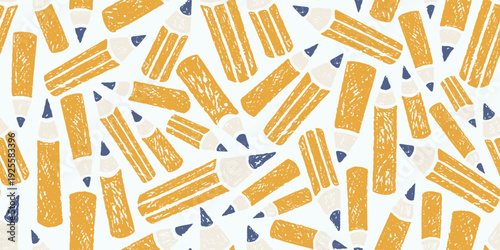 Pencils pattern with charcoal texture. School seamless pattern of doodle stationery for write. Sketch crayon background of kids education concept with pencils, vector hand drawn illustration