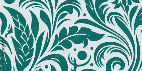 Elegant Teal Floral Swirls on White Background.