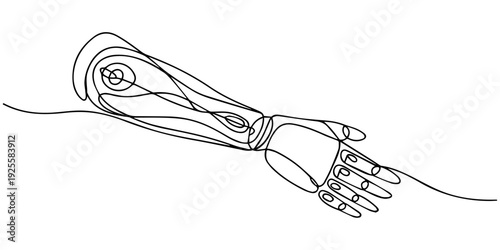 Prosthetic Robot Arm continuous one line drawing, Continuous Line Futuristic Robotic Arm Design Concept Illustration