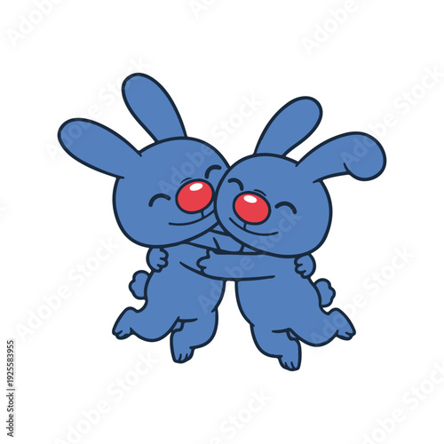 Cute blue cartoon bunnies hugging and sharing a tender moment, vector illustration with happy expressions and red noses on white background