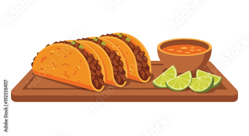 A vibrant illustration of three tacos on a wooden cutting board with salsa and lime wedges on a white background.