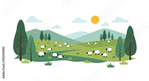 Illustration of a serene landscape with sheep grazing in a green field surrounded by trees and hills under a sunny sky.