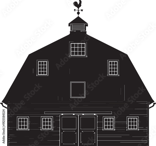 Rustic barn silhouette with weather vane on top for farm house line art vector illustration