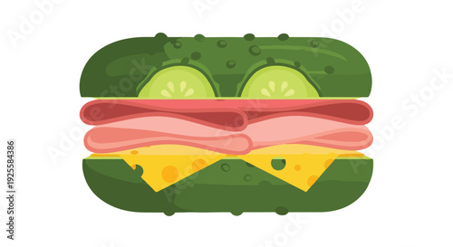 Flat lay illustration of a sandwich with ham and cheese on a white background